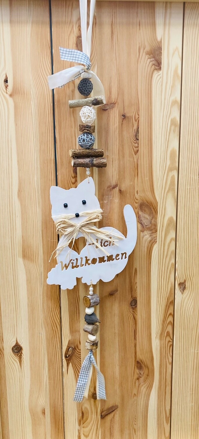 Türhänger "Katze- Herzlich Willkommen" weiß/Beige oder rot