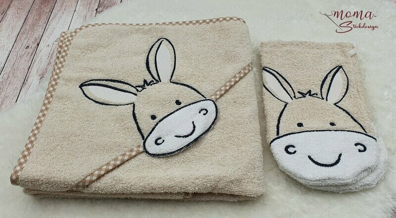 Kapuzenhandtuch Esel mit Waschhandschuh, Natur 80 x 80
