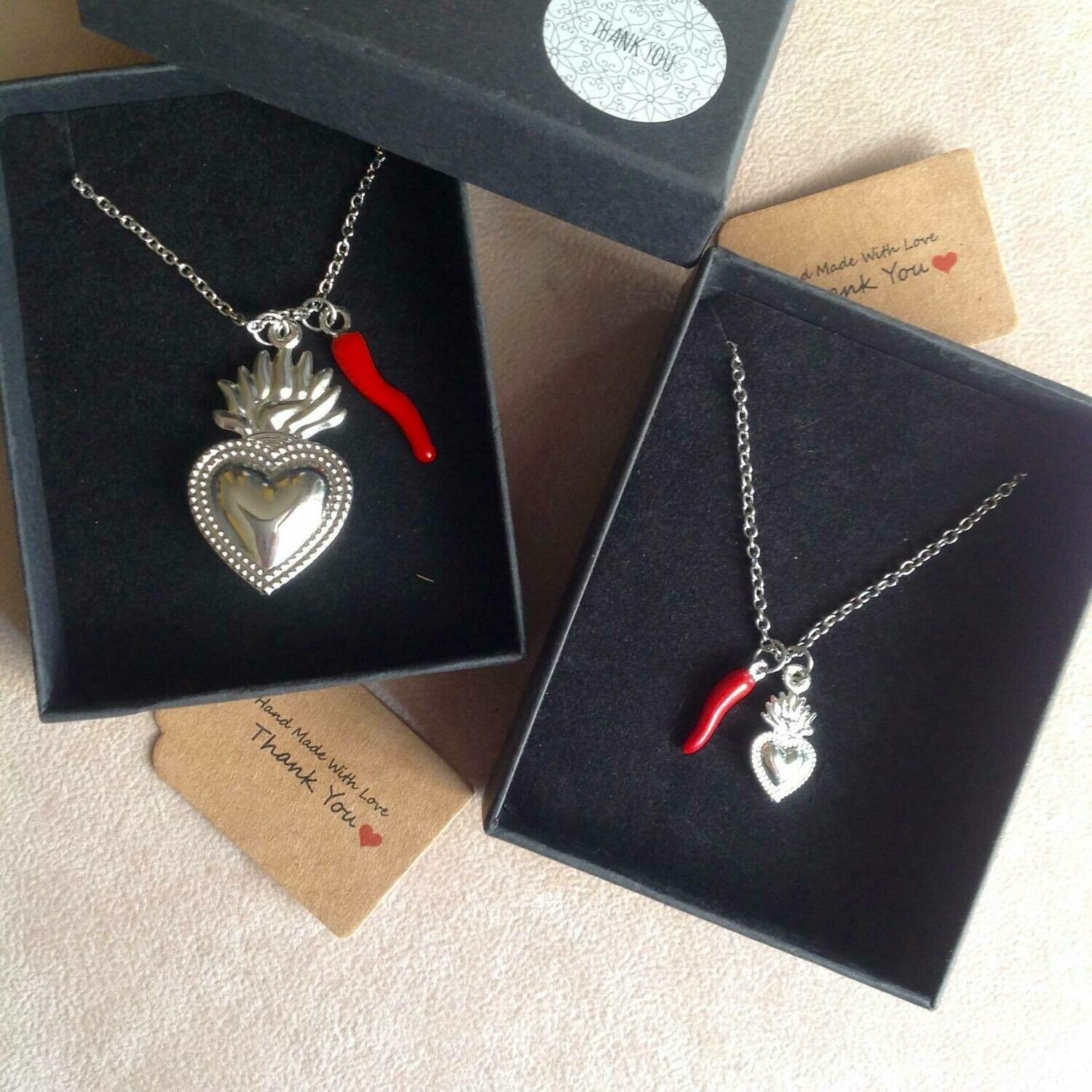 collana sacro cuore silver e cornetto rosso