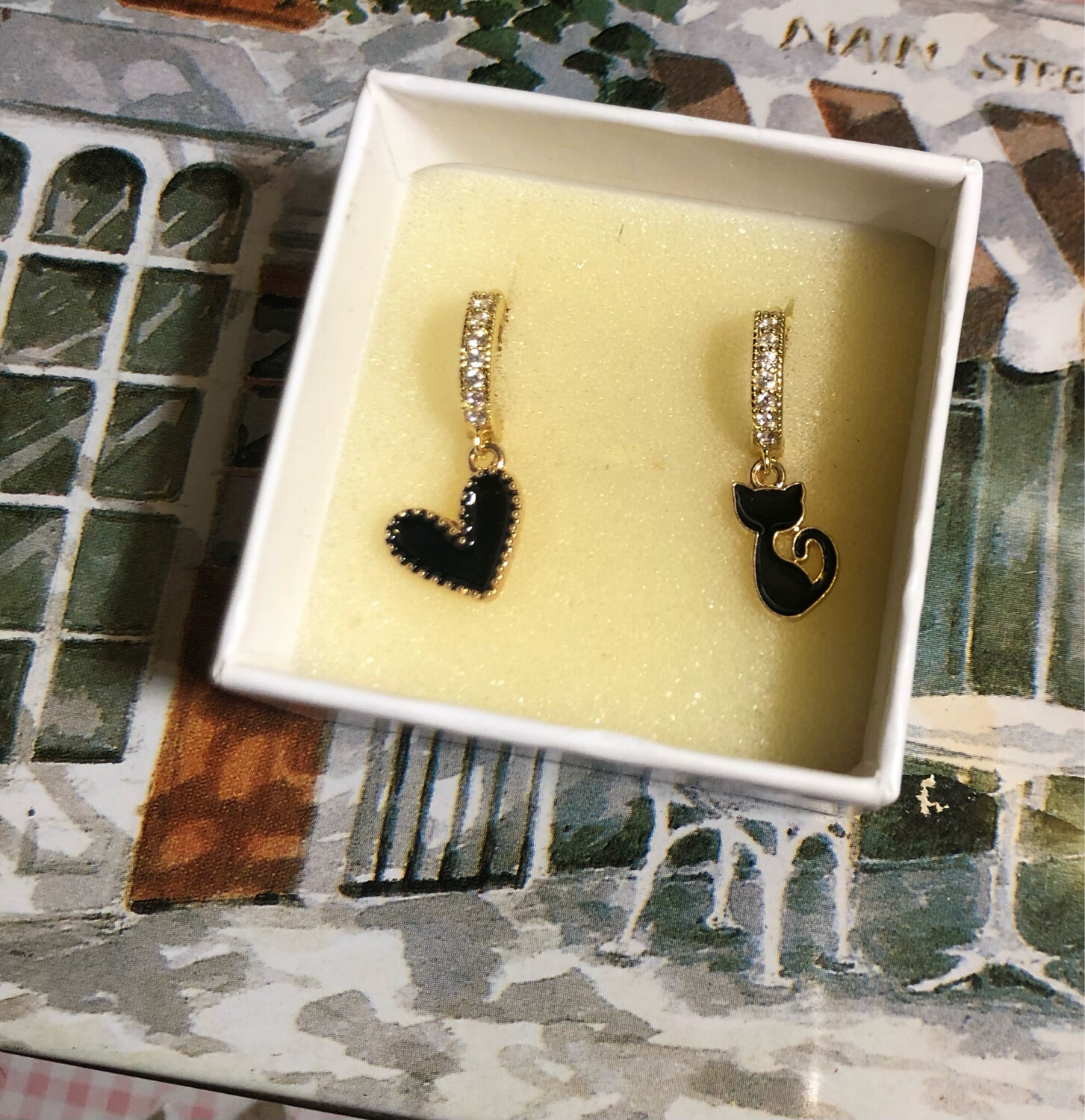 Orecchini Heart and cat black