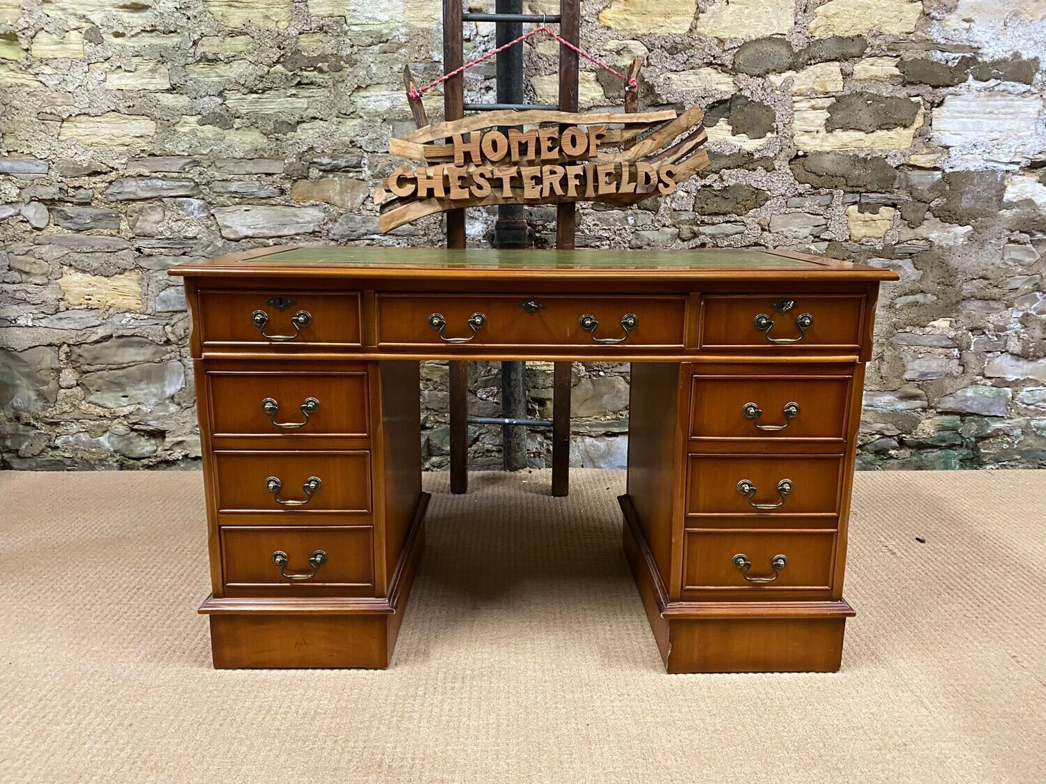 Yew Captains Desk with Green Leather Inlay