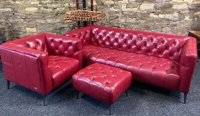 Violina Chesterfield 3 SEATER SOFA &amp; CLUB CHAIR &amp; FOOTSTOOL RED LEATHER