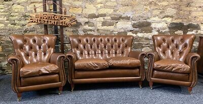 TETRAD Chesterfield Two seater Sofa &amp; 2 x Armchairs Tan Leather