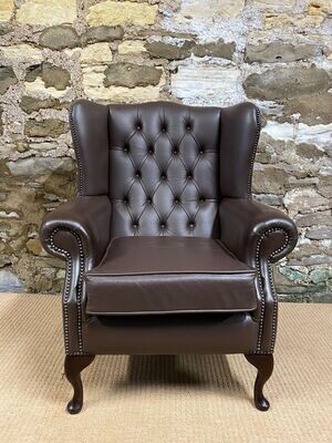 Queen Anne Armchair Brown LEATHER Wingback