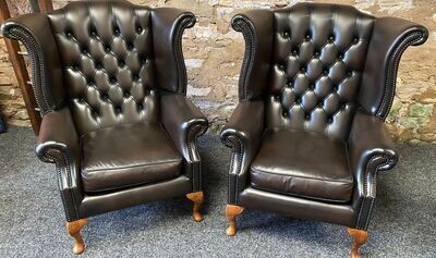 Queen Anne Wingbacked Armchair Brown Leather x2