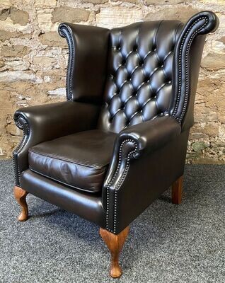 Queen Anne Wingbacked Armchair Brown Leather