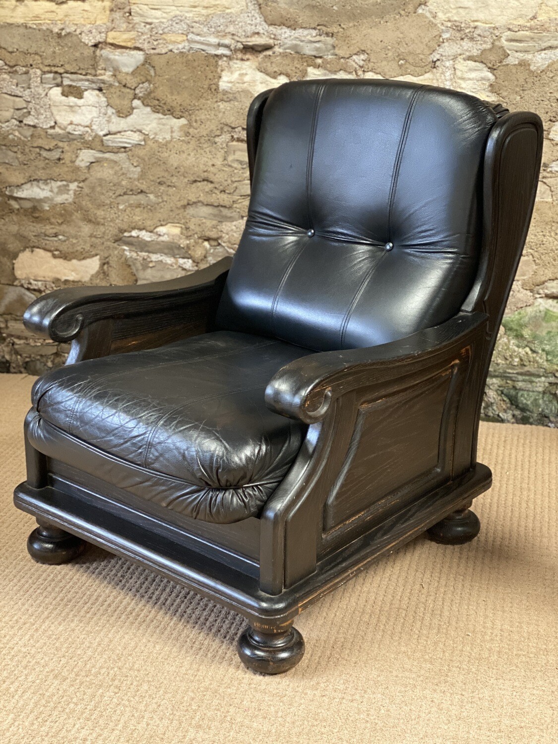 Black leather Wooden Armchair