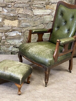 Rare Vintage Chair &amp; Footstool Green Leather