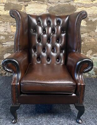 Queen Anne Wingbacked Armchair Brown Leather