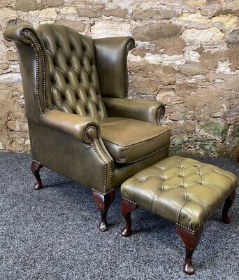 Queen Anne Wingbacked Armchair Green Leather &amp; Footstool