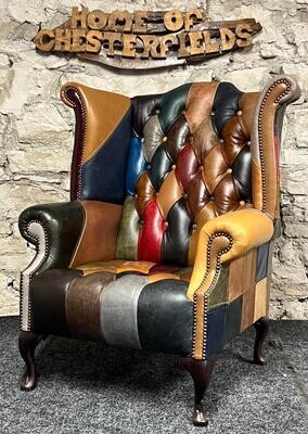 Chesterfield Harlequin Patchwork Multi coloured Queen Anne Chair buttoned EX DEMO