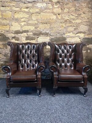 Queen Anne Wingbacked Armchair Brown Leather x 2