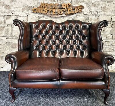 Chesterfield Wing backed Queen Anne 2 seater Sofa Brown Leather