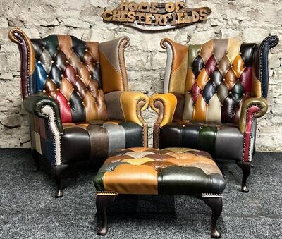 Queen Anne Chair buttoned x 2 Chesterfield Harlequin Patchwork Multi coloured Queen Anne Chair buttoned x 2 &amp; footstool EX DEMO