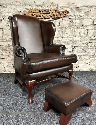 Queen Anne Wingbacked Armchair Brown Leather &amp; footstool
