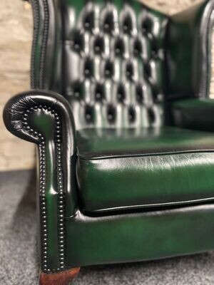 Queen Anne Wingbacked Armchair Green Leather