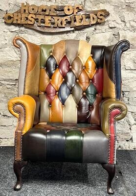Chesterfield Harlequin Patchwork Multi coloured Queen Anne Chair buttoned EX DEMO