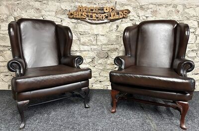 Queen Anne Wingbacked Armchair x2 Brown Leather &amp; footstool