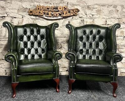 Queen Anne Wingback Armchair Green Leather