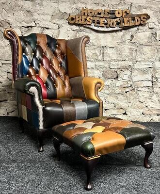 Chesterfield Harlequin Patchwork Multi coloured Queen Anne Chair buttoned &amp; footstool EX DEMO