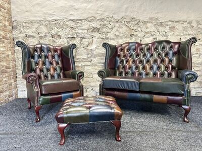Queen Anne Sofa, Queen Anne Chair &amp; Footstool Harlequin Antique Patchwork