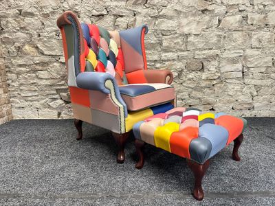 Queen Anne Chair Harlequin Bright Patchwork &amp; Matching Footstool