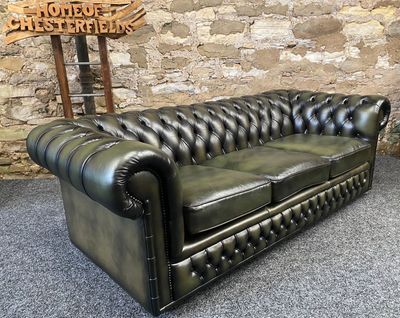 Chesterfield 3 Seater Green Leather Sofa