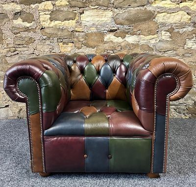 Traditional Chesterfield Club Chair Antique Patchwork Buttoned Seat