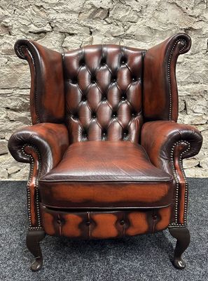 Queen Anne Wing backed Armchair Tan Leather