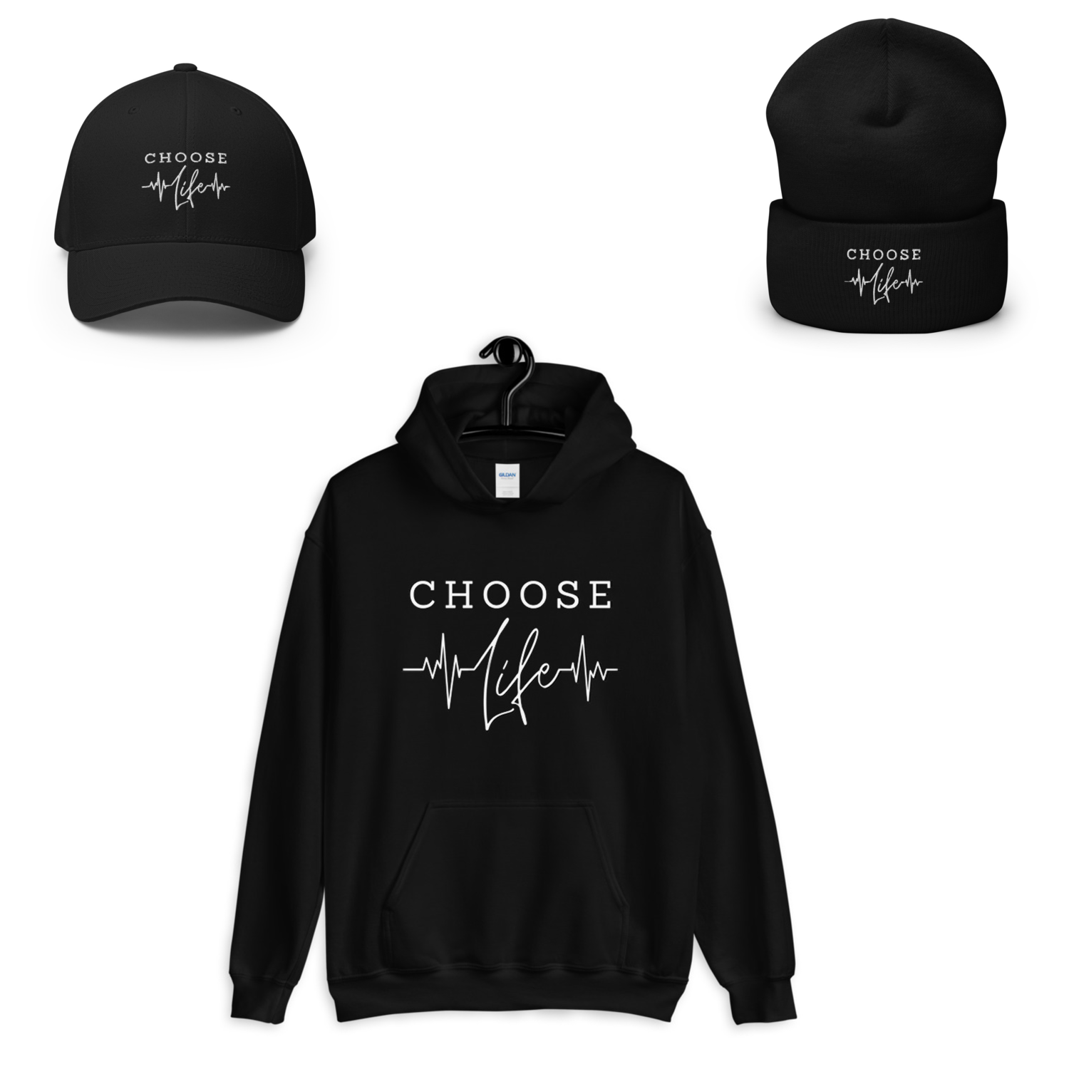 Choose Life Prolife Hoodie, beanie hat, or baseball hat in gray, red or black