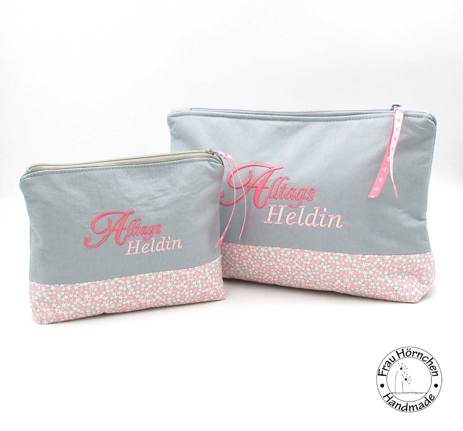 Tasche Alltagsheldin auf grau mit rosa Blümchen