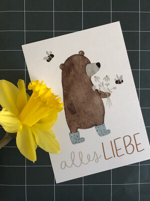 Postkarte „Alles Liebe“ mit Blumenbärchen