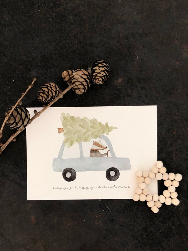 Weihnachtskarte „Dachs im Auto“