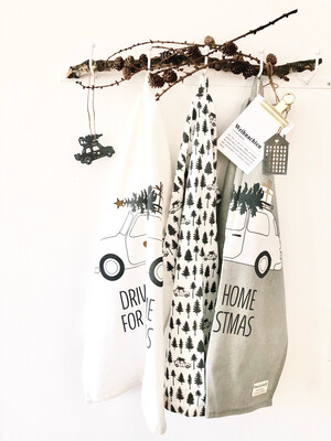 Geschirrtuch Weihnachten „Driving home for Christmas“ in Weiss Geschirrtuch Weihnachten „Driving home for Christmas“ in Weiss