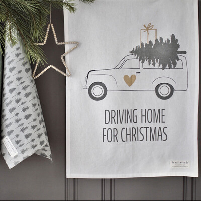 Geschirrtuch Weihnachten „Driving home…“ in Weiss, Weihnachtslaster Geschirrtuch Weihnachten „Driving home…“ in Weiss, Weihnachtslaster