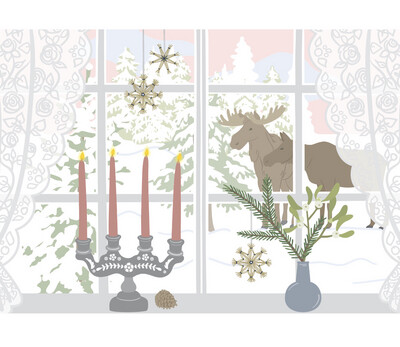Postkarte „Elch am Weihnachtsfenster“