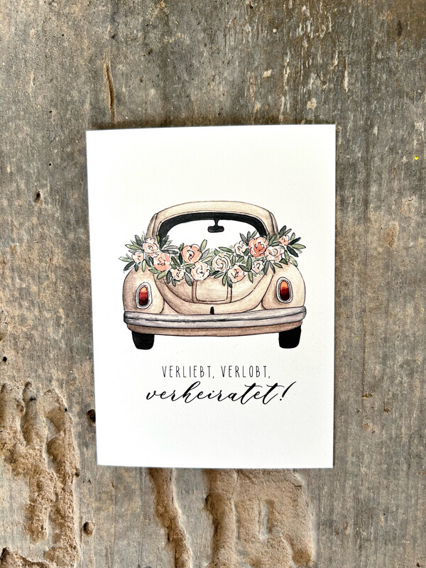 Postkarte „Verliebt, verlobt, verheiratet“ Postkarte „Verliebt, verlobt, verheiratet“