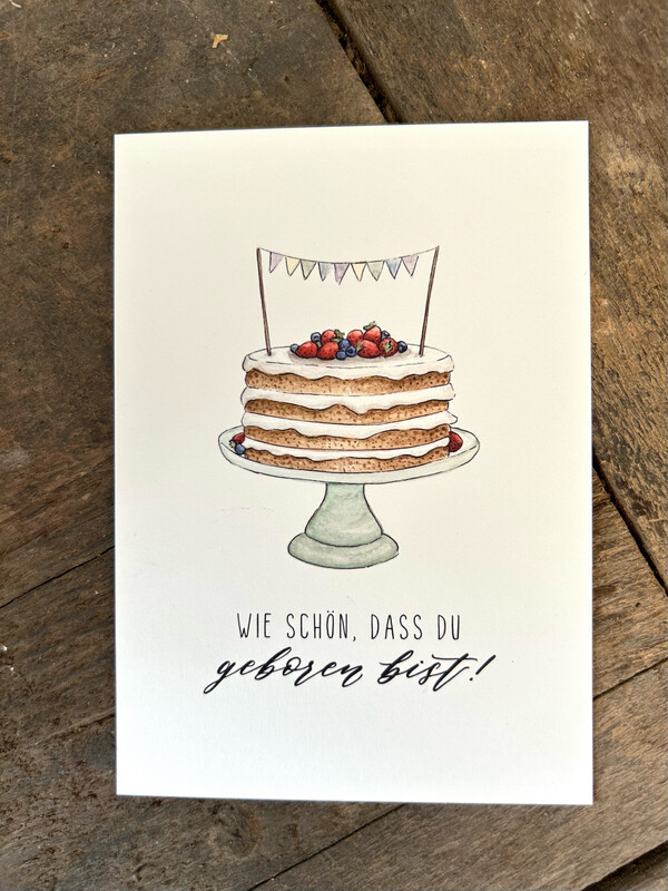 Postkarte „Wie schön, dass Du geboren bist!“ Geburtstagstorte mit Wimpelkette Postkarte „Wie schön, dass Du geboren bist!“ Geburtstagstorte mit Wimpelkette