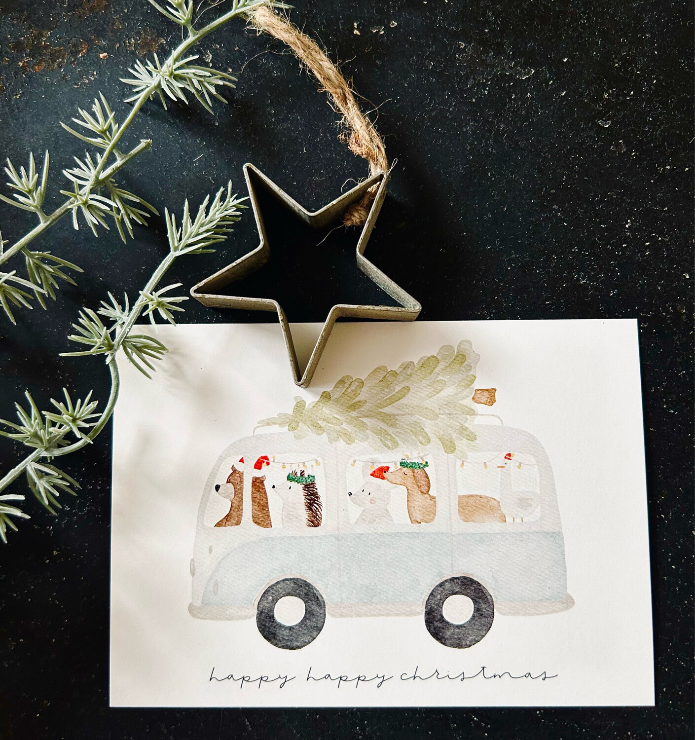 Weihnachtskarte Weihnachtsbus “Happy, happy Christmas”