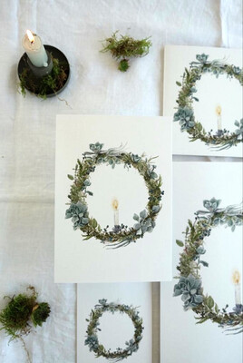 Postkarte Aquarell Weihnachten “Kranz mit Kerze”
