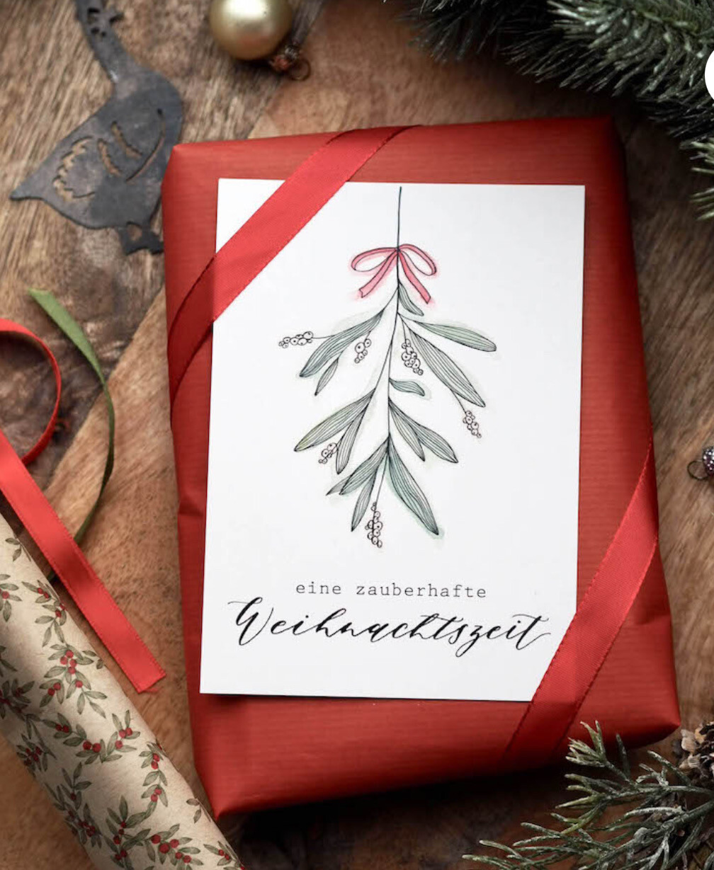 Postkarte Weihnachten Mistelzweig farbig “Eine zauberhafte Weihnachtszeit”