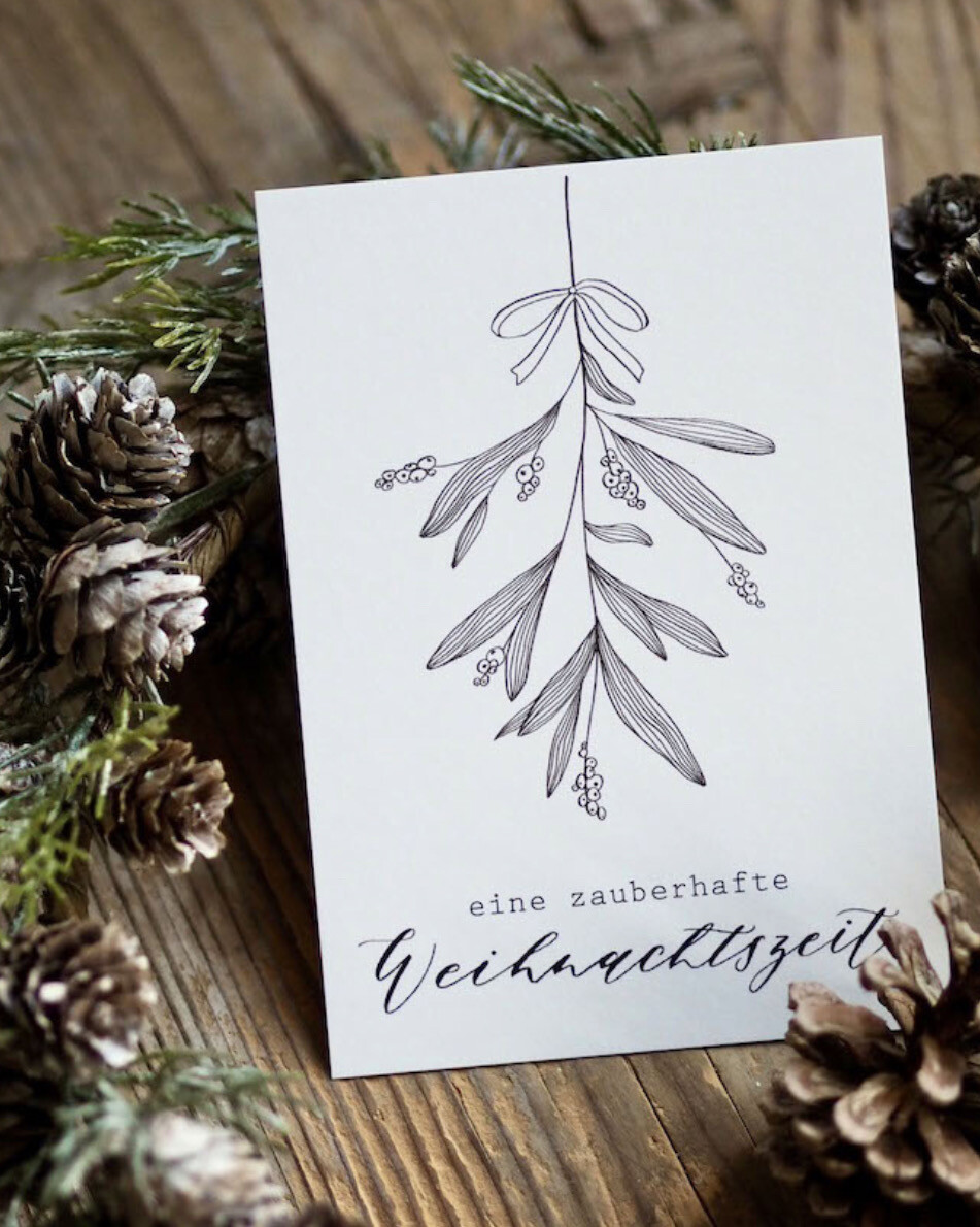 Postkarte Weihnachten Mistelzweig schwarz weiss “Eine zauberhafte Weihnachtszeit”