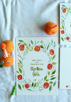 Postkarte Aquarell Geburtstag „Aprikose in der Hose…“