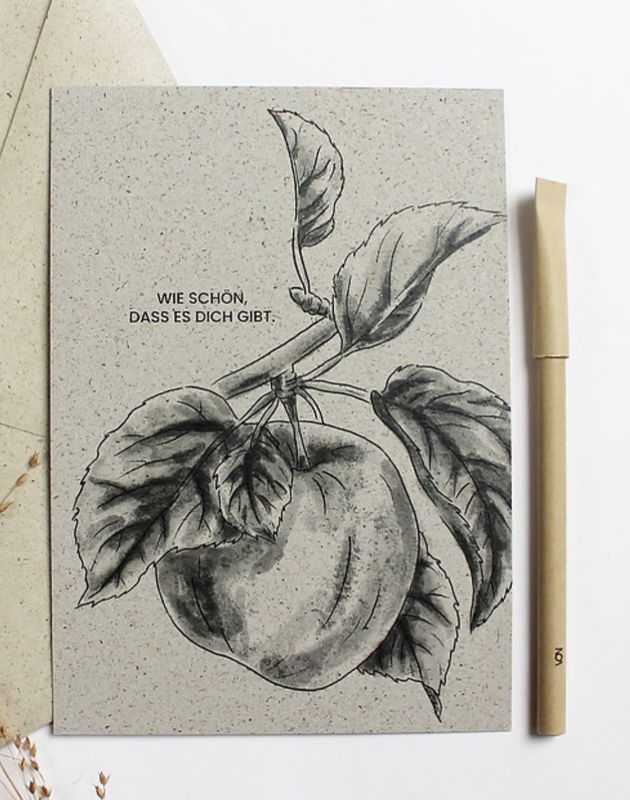 Grusskarte Postkarte Apfel „Wie schön dass es dich gibt“ aus Graspapier Grusskarte Postkarte Apfel „Wie schön dass es dich gibt“ aus Graspapier