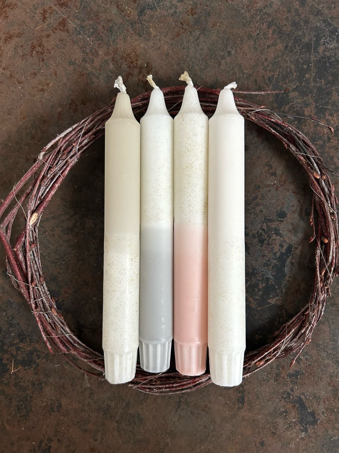 Handgetauchtes 4er Set Stabkerzen, Dip Dye „Glitzer“