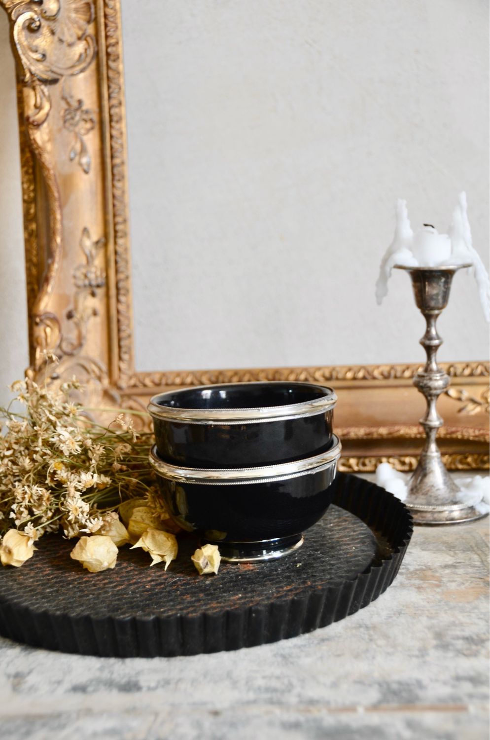 Schwarze handgemachte marokkanische Schale mit Silberrand, 8cm und 10cm