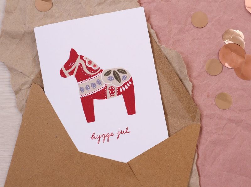 Weihnachtskarte „Hygge Jul“ Dalapferd mit Umschlag