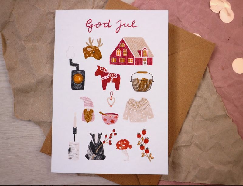 Weihnachtskarte Klappkarte mit Umschlag „God Jul“