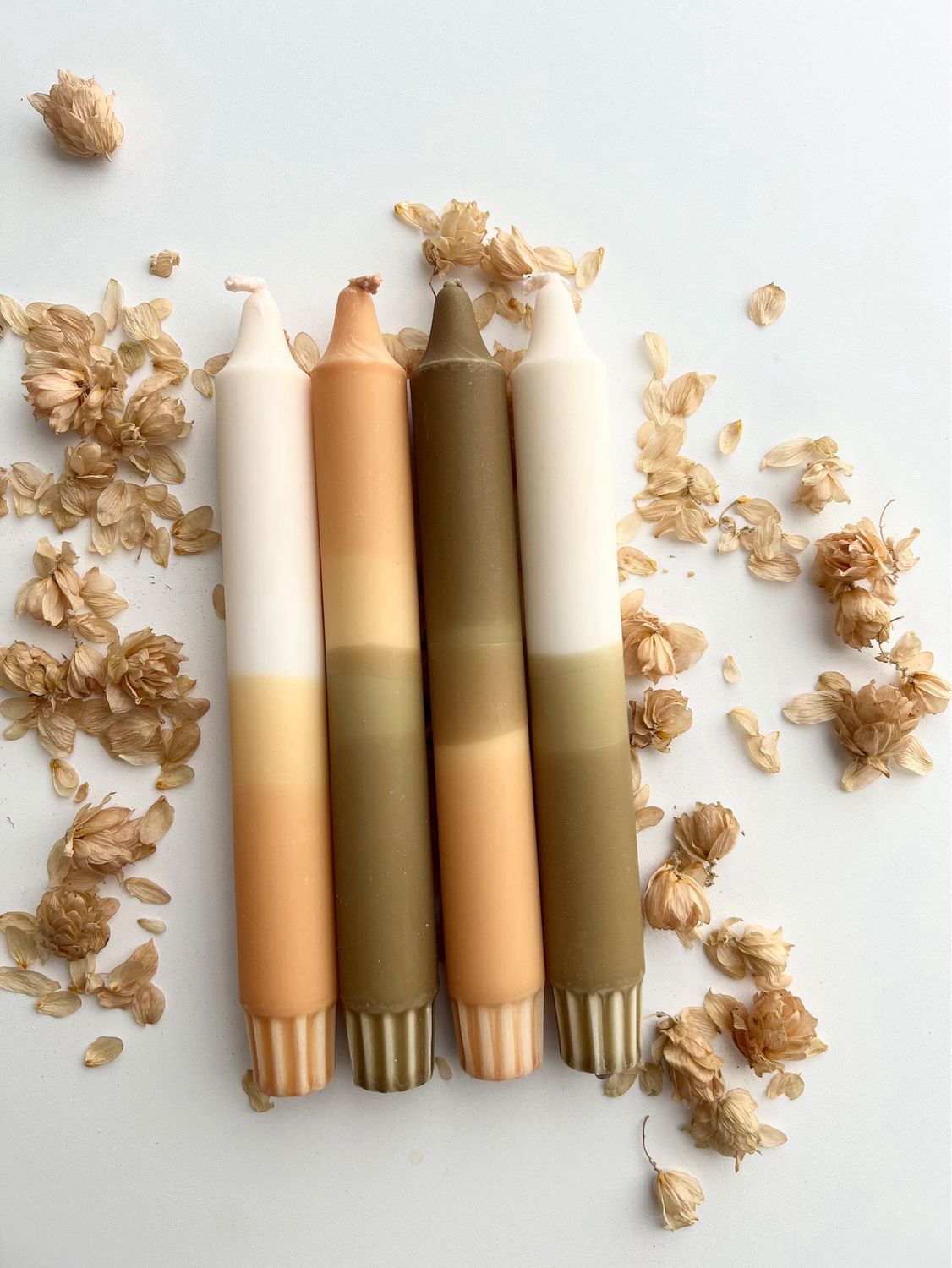 4er Set Dip Dye Kerzen „Sommerwiese“, in olive mit orange und gelb