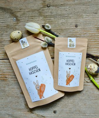 Tütchen Bio Früchtetee “Hoppelhäschen”, in zwei Grössen Tütchen Bio Früchtetee “Hoppelhäschen”, in zwei Grössen